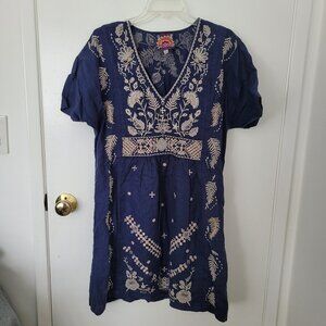 Johnny Was 100% Linen Blue with Embroidered Floral Design Dress